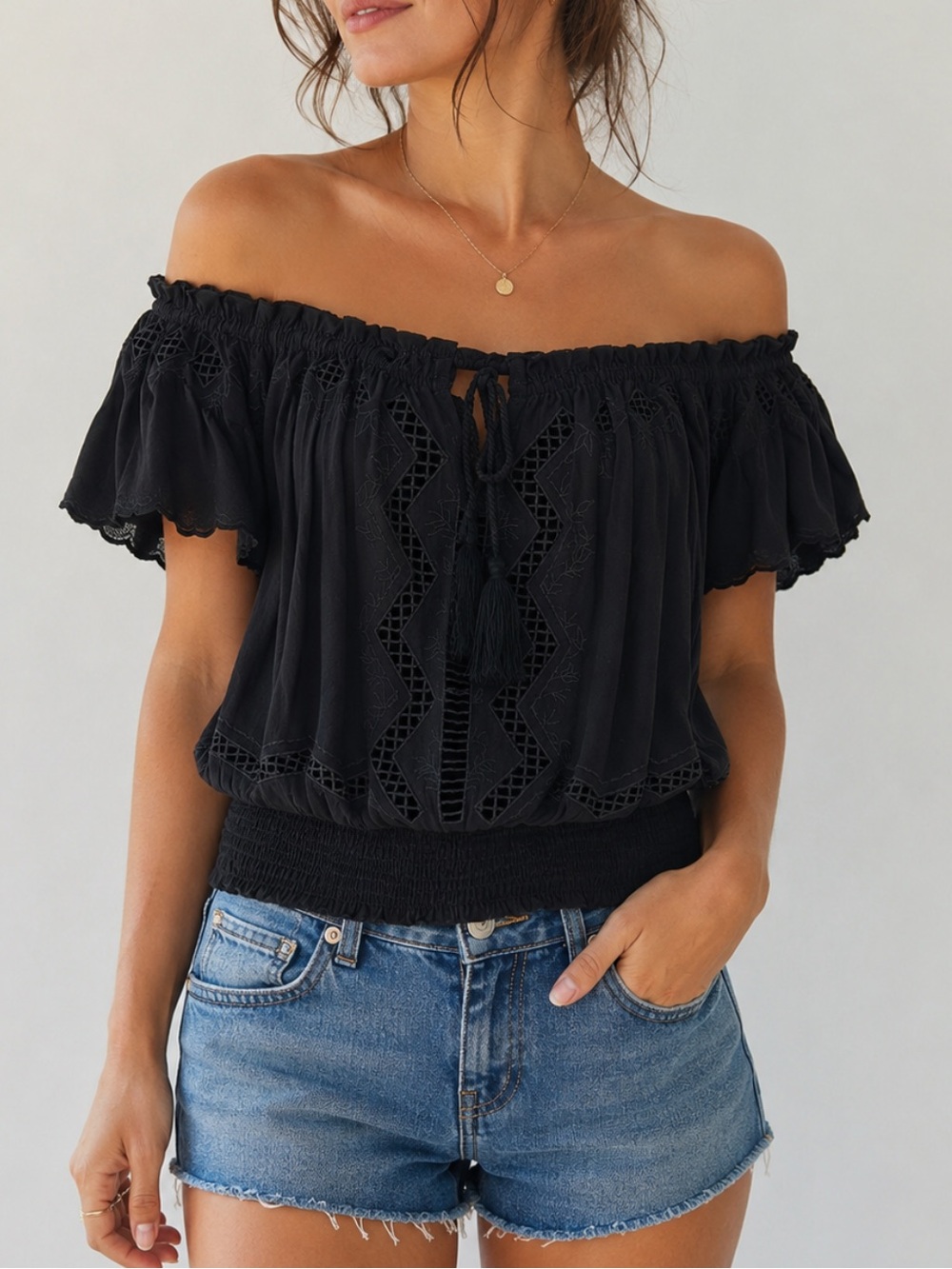 ASTR the Label Black Off Shoulder Embroidered Top